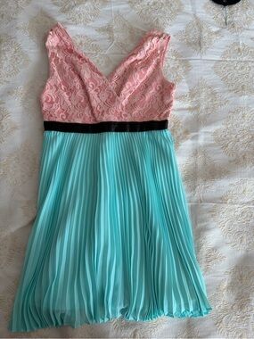 Max & Cleo Pink Lace Top Teal Pleated Skirt Dress with Black Waistband